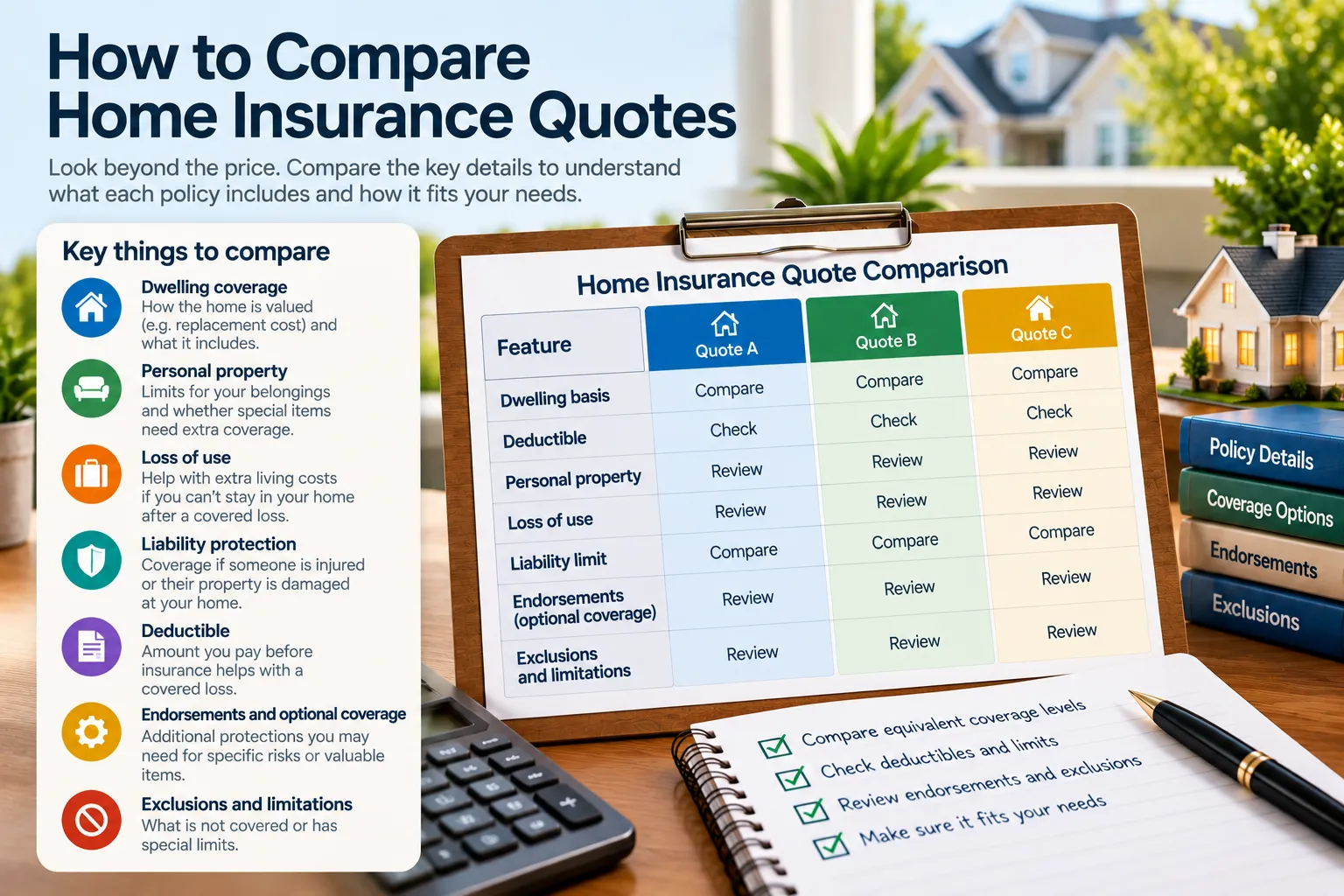 Home insurance quote comparison checklist showing coverage, deductibles, limits, endorsements and exclusions to review across quotes.