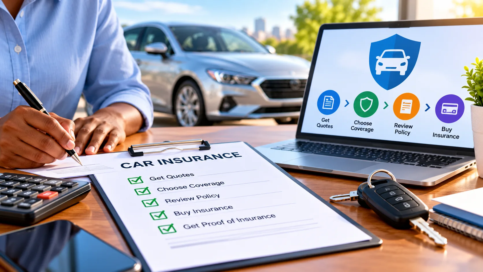 Driver completing a car insurance checklist beside a laptop, vehicle and car keys.