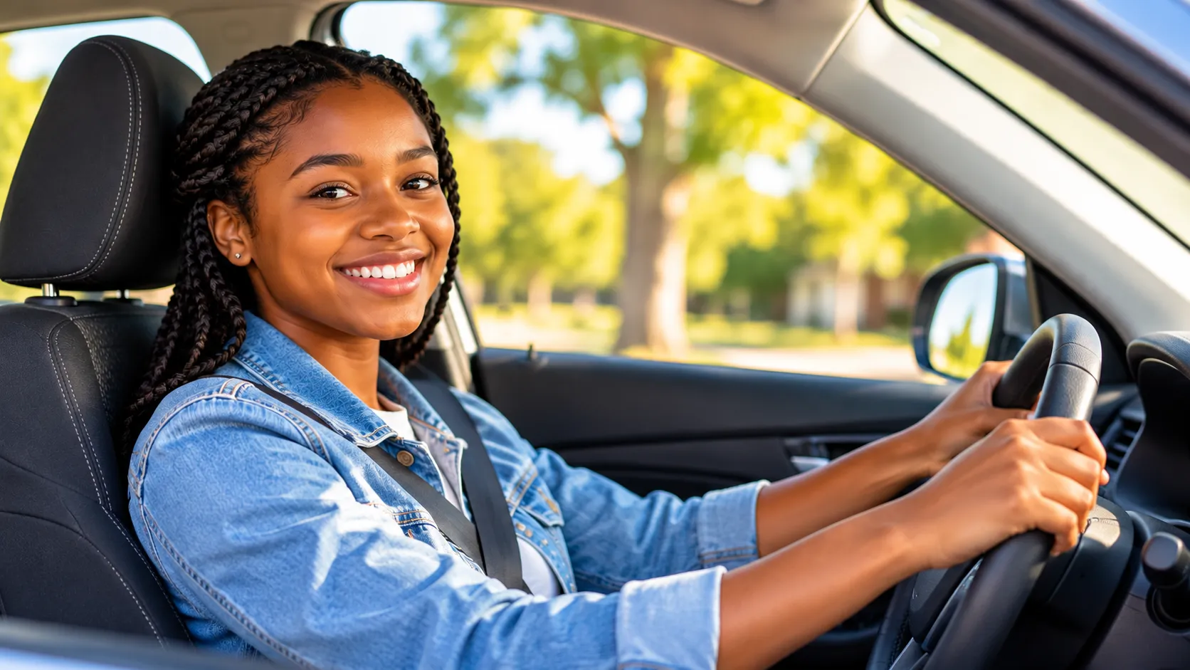New driver comparing car insurance options, discounts and coverage choices beside a vehicle.