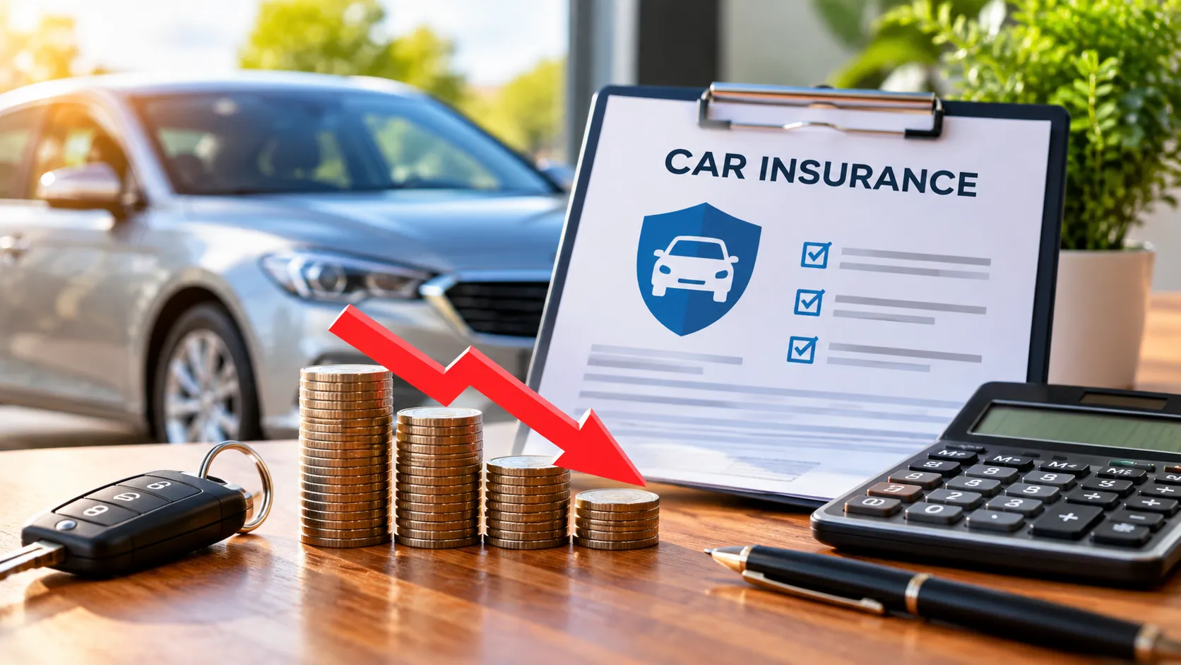 Car insurance policy, calculator and decreasing stacks of coins representing ways to lower car insurance costs.