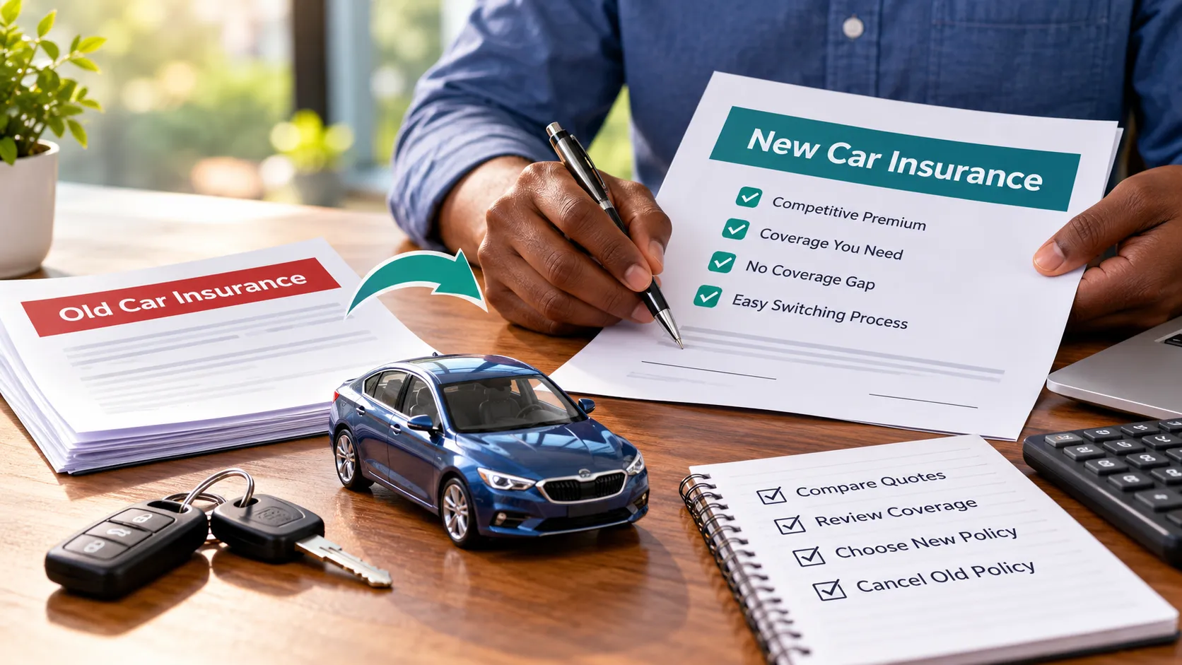Driver comparing an old car insurance policy with a new policy before switching insurers.