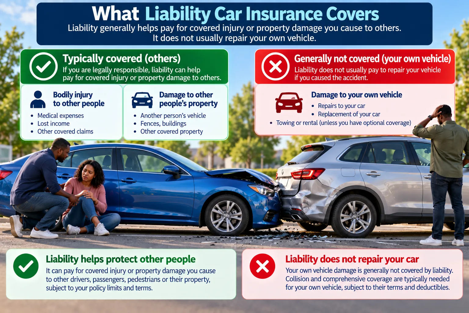 Liability car insurance comparison showing covered injury and property damage to others versus damage to the insured driver’s own vehicle