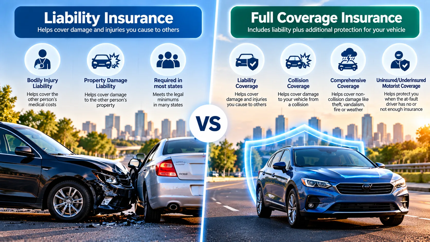 Side-by-side comparison of liability car insurance and full coverage showing liability, collision, comprehensive and uninsured motorist protections.