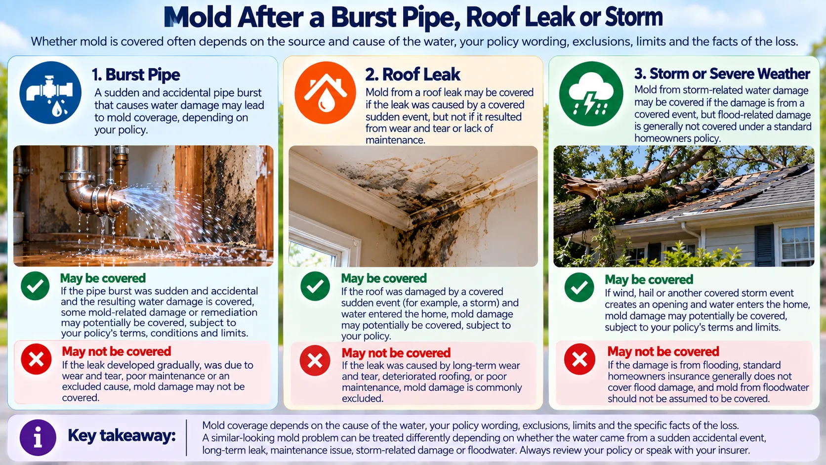 Examples showing how the source of water damage can affect whether mold-related damage may be covered by homeowners insurance.