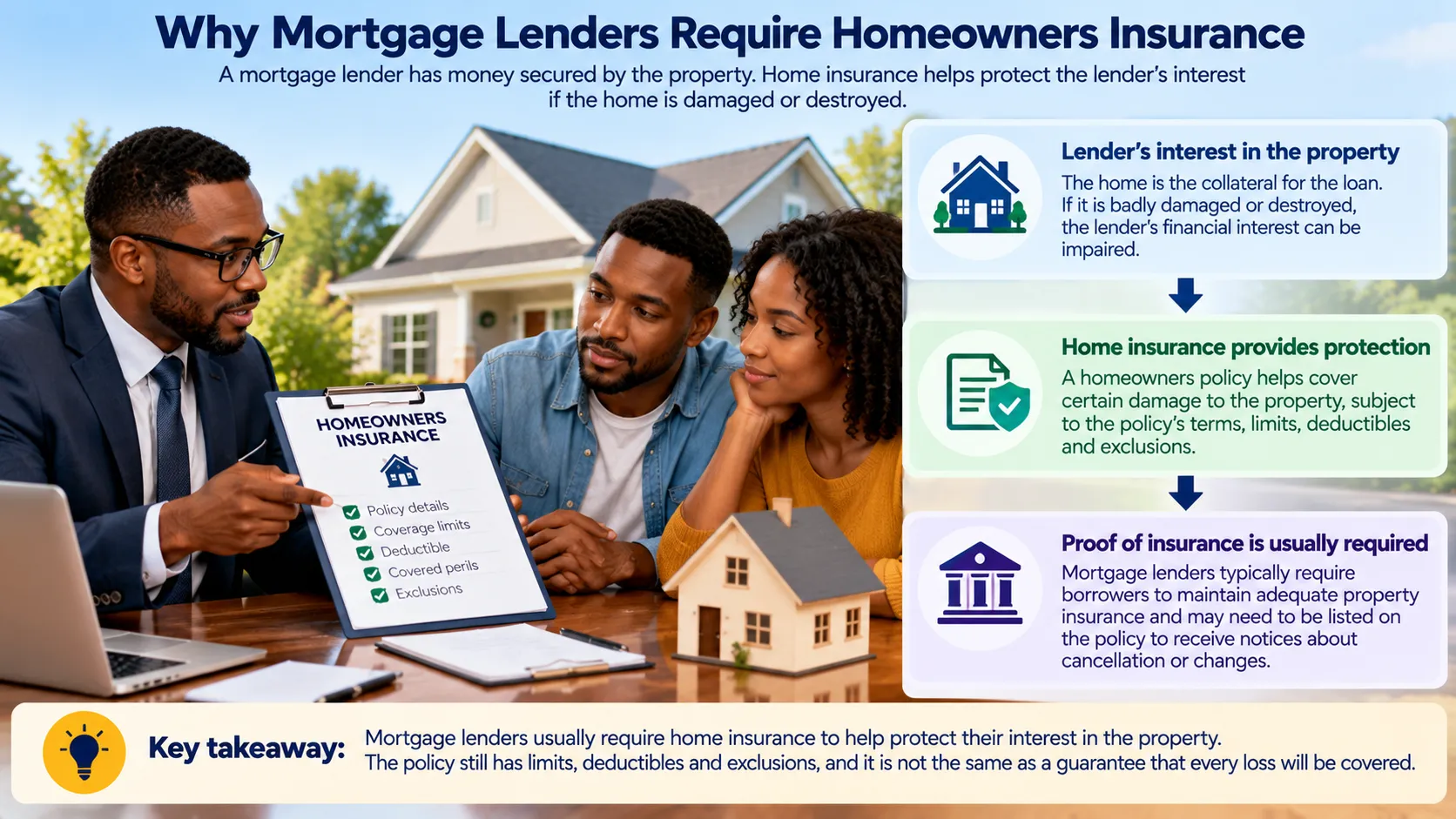 Diagram explaining why mortgage lenders typically require homeowners insurance and proof of coverage.