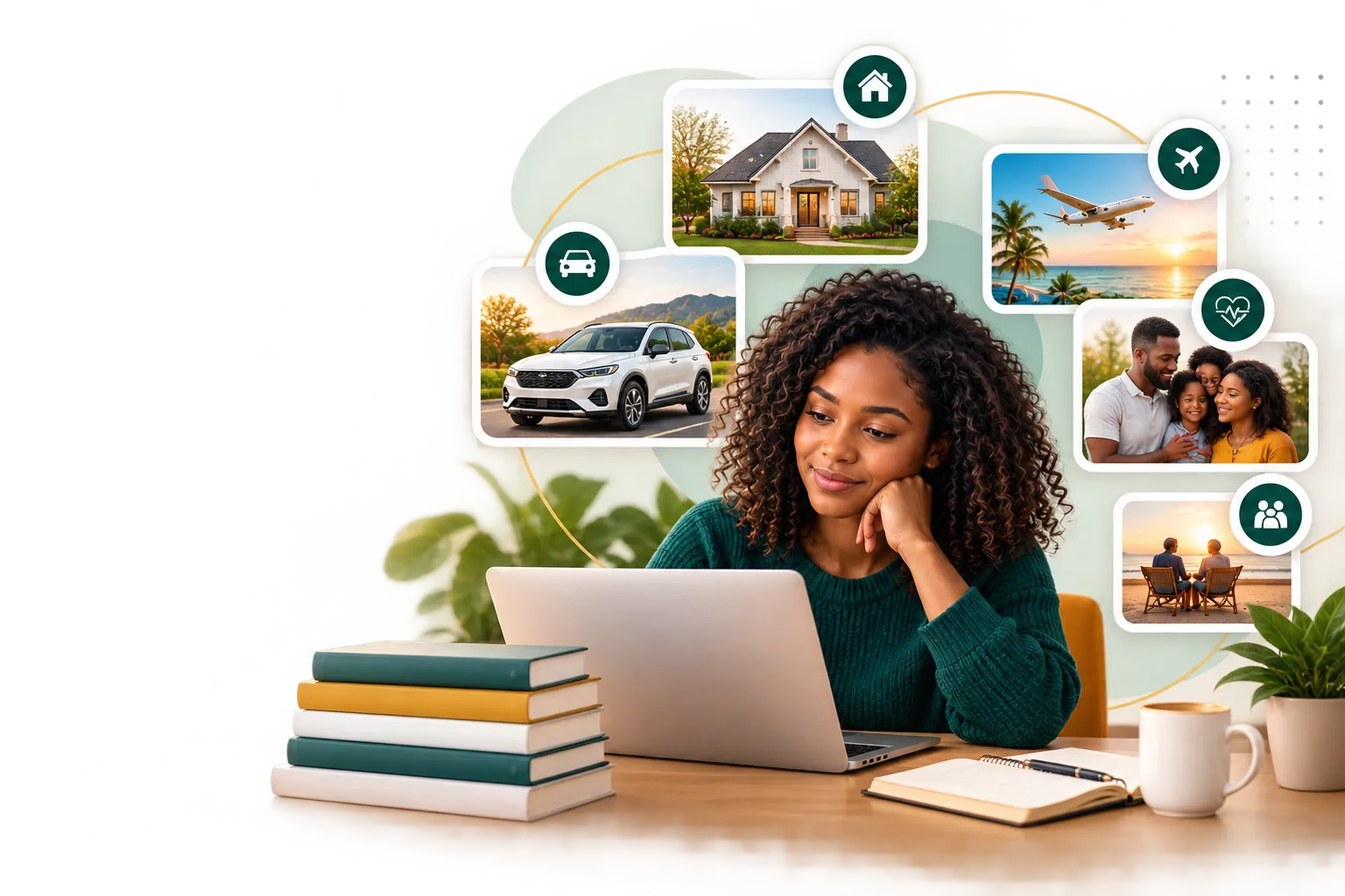 Reader researching home, car, travel, health and life insurance topics on a laptop.