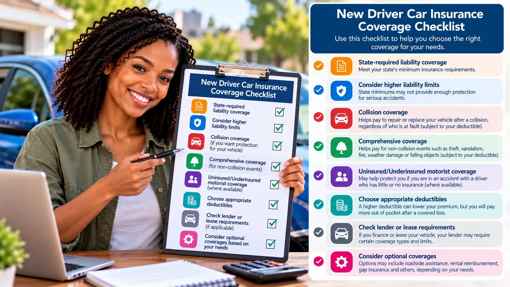 New-driver car insurance coverage checklist for state requirements, limits, vehicle protection, deductibles, financing and quote comparison