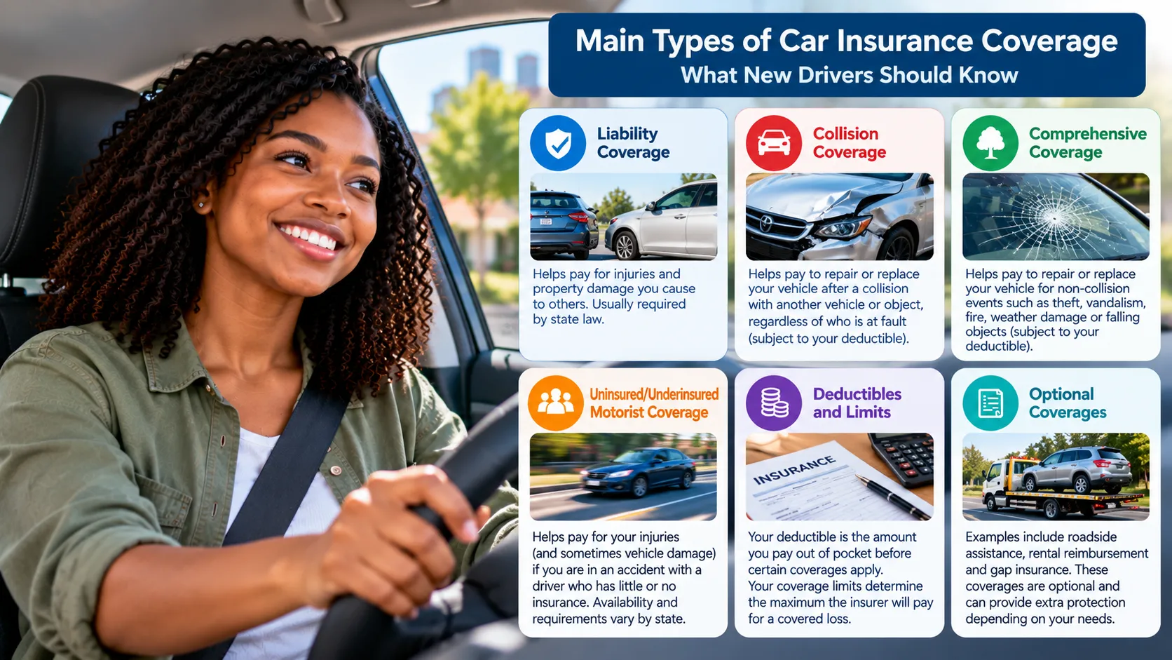 New-driver car insurance coverage types including liability, collision, comprehensive, uninsured motorist and medical protection