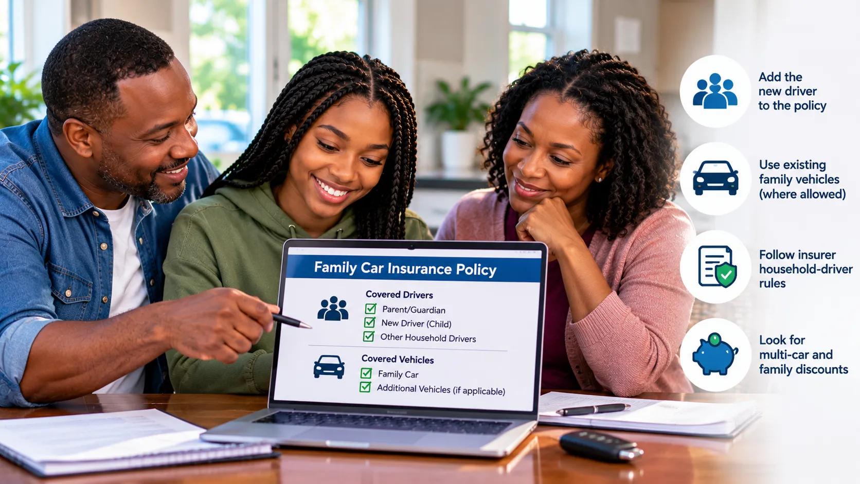 New driver included on a family car insurance policy with parents, household drivers and shared vehicles
