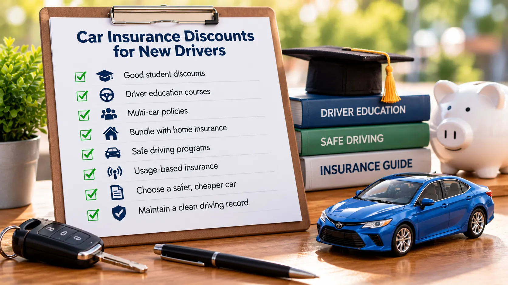 New driver reviewing possible car insurance discounts including student, training, multi-car, safety and usage-based options