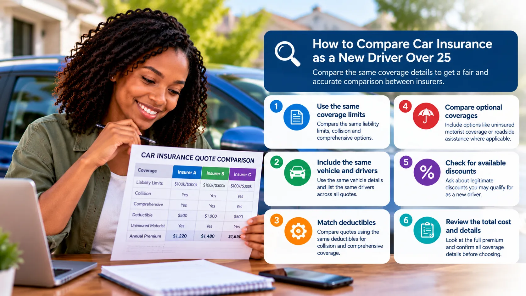 New-driver car insurance comparison explaining the difference between liability limits and collision or comprehensive deductibles