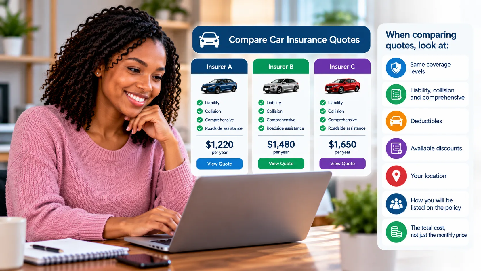 Adult new driver over 25 comparing car insurance quotes with matching limits, deductibles, vehicle and usage details