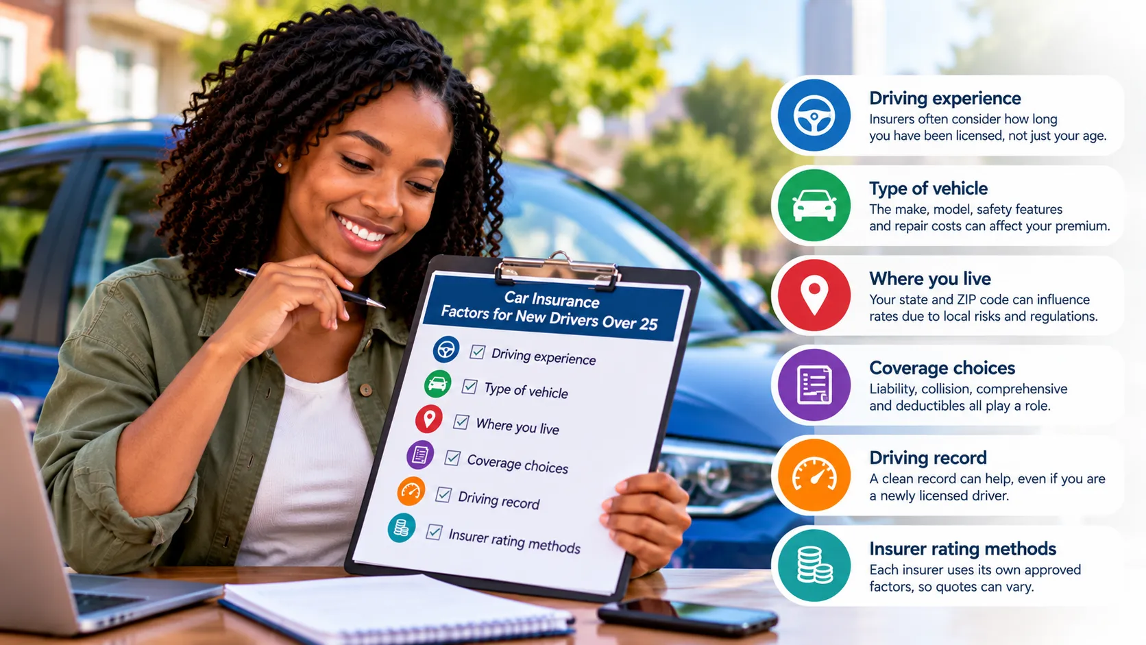 Car insurance factors for a newly licensed adult over 25 including driving experience, record, vehicle, location, coverage and mileage