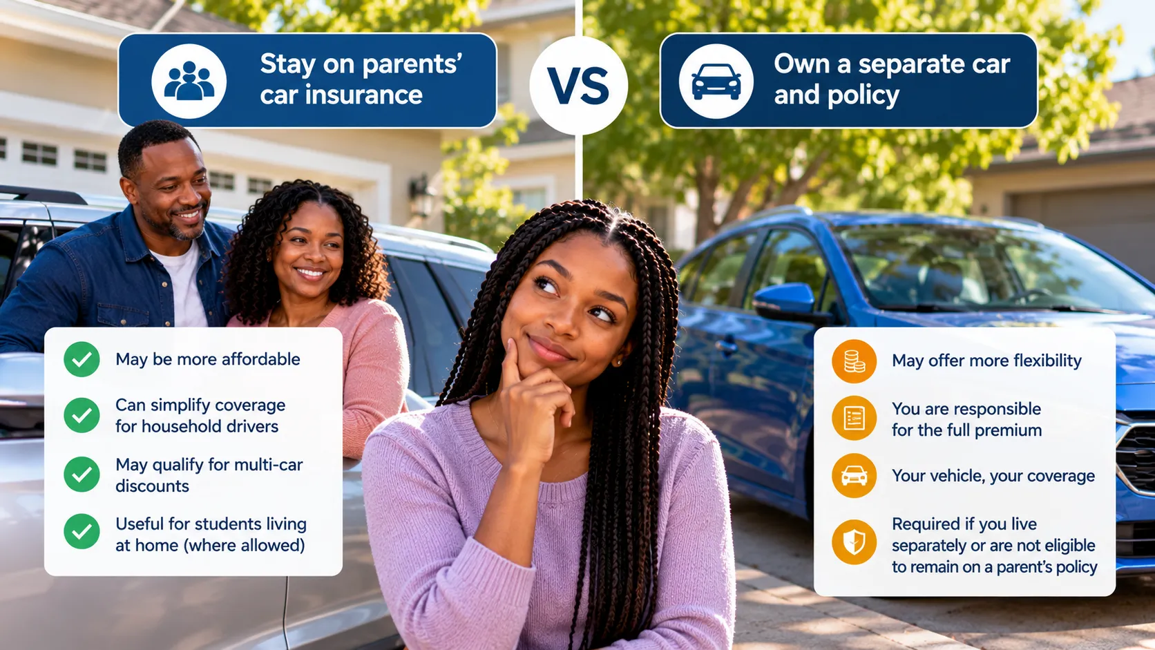 Comparison of a new driver’s own car insurance policy and a parents’ household policy with residence, ownership and billing considerations