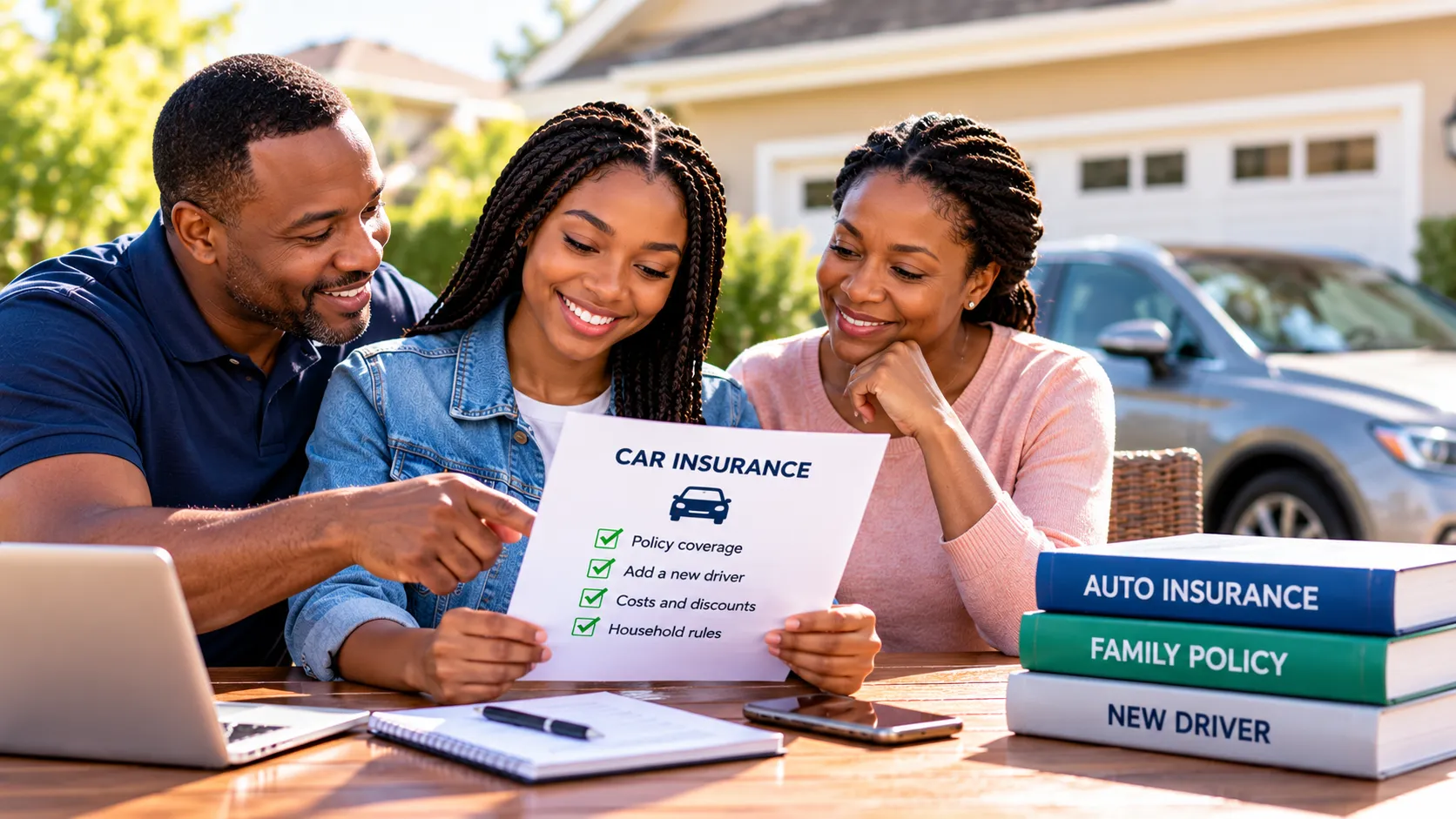 New driver discussing a family car insurance policy with parents and a vehicle in the background.