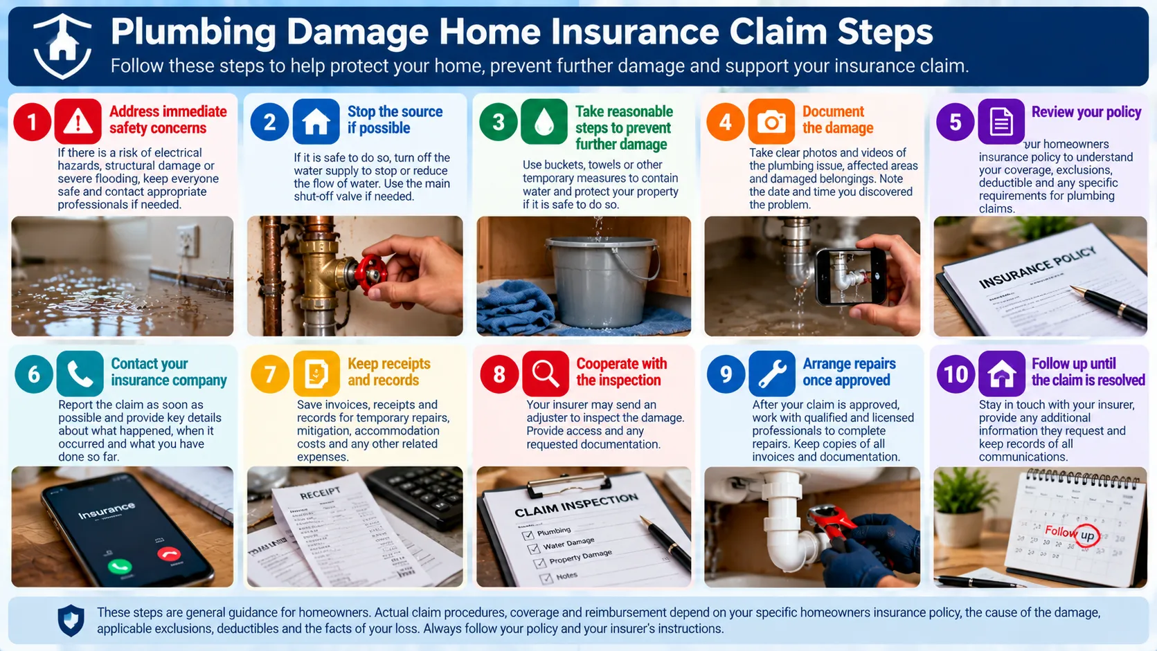 Homeowner safely documenting plumbing water damage, taking temporary mitigation steps and keeping records for an insurance claim.