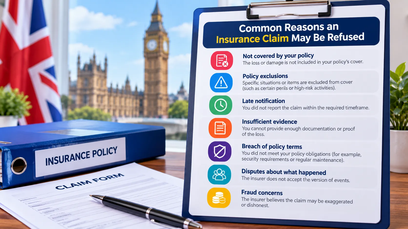 Common reasons an insurance claim may be refused, including cover limits, exclusions, evidence, notification, policy conditions and fraud concerns
