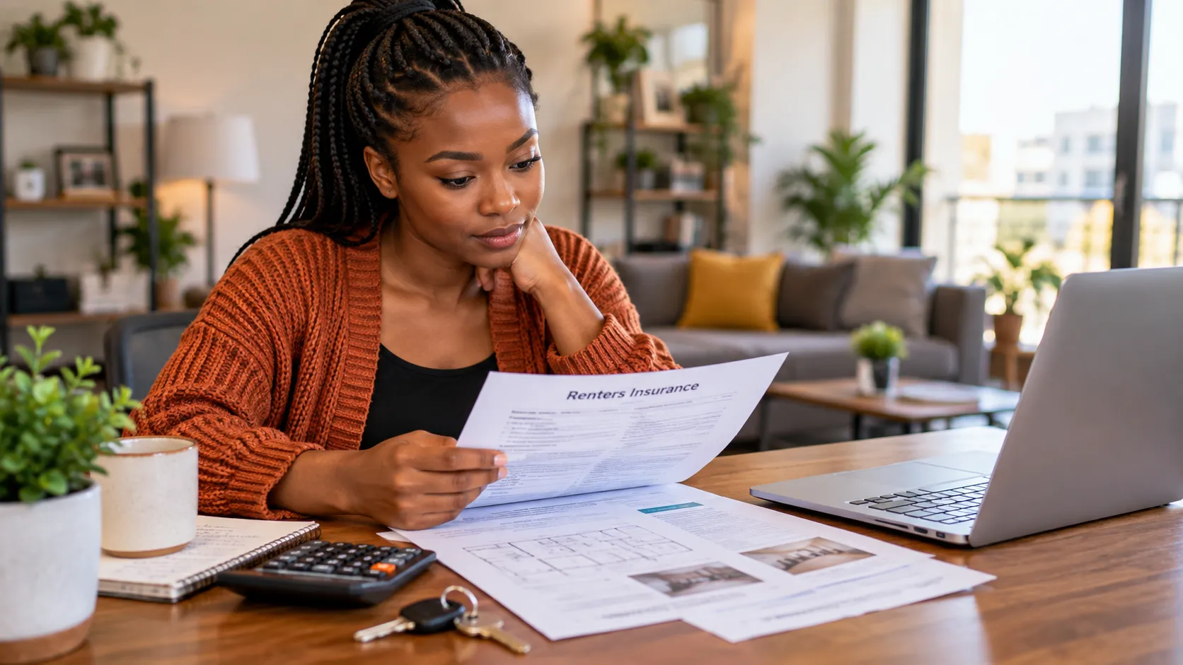 Renter reviewing insurance coverage choices at a table with a laptop and calculator.