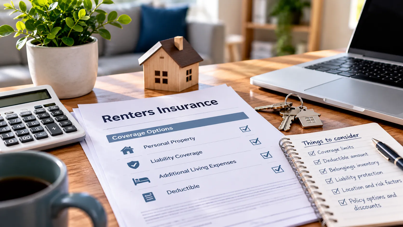 Renters insurance documents, calculator and apartment keys representing coverage and deductible choices.