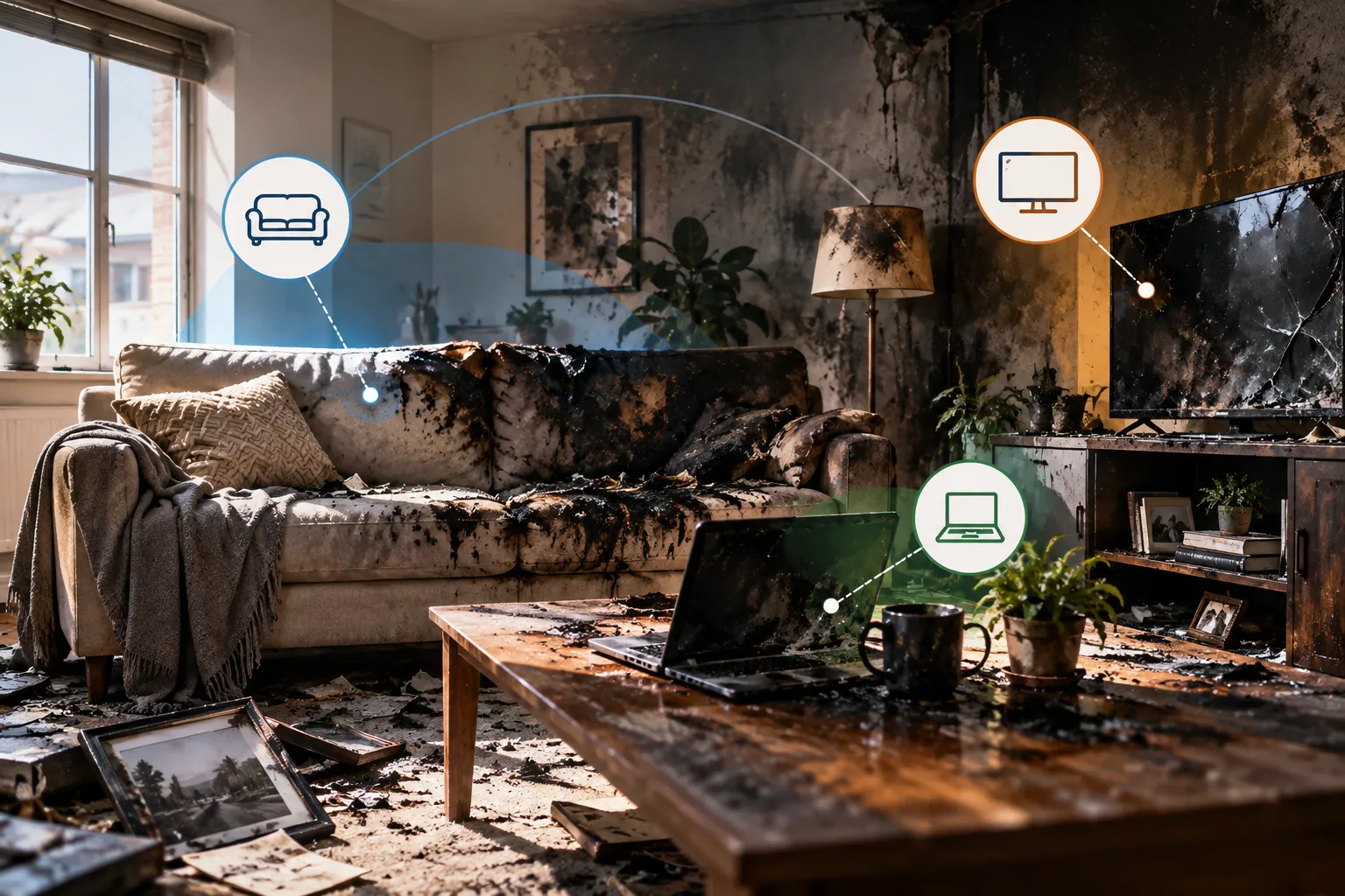 Fire- and smoke-damaged belongings inside a rental home.