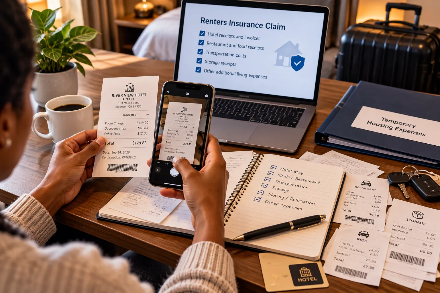 Renter organizing hotel receipts and temporary living expense records for an insurance claim