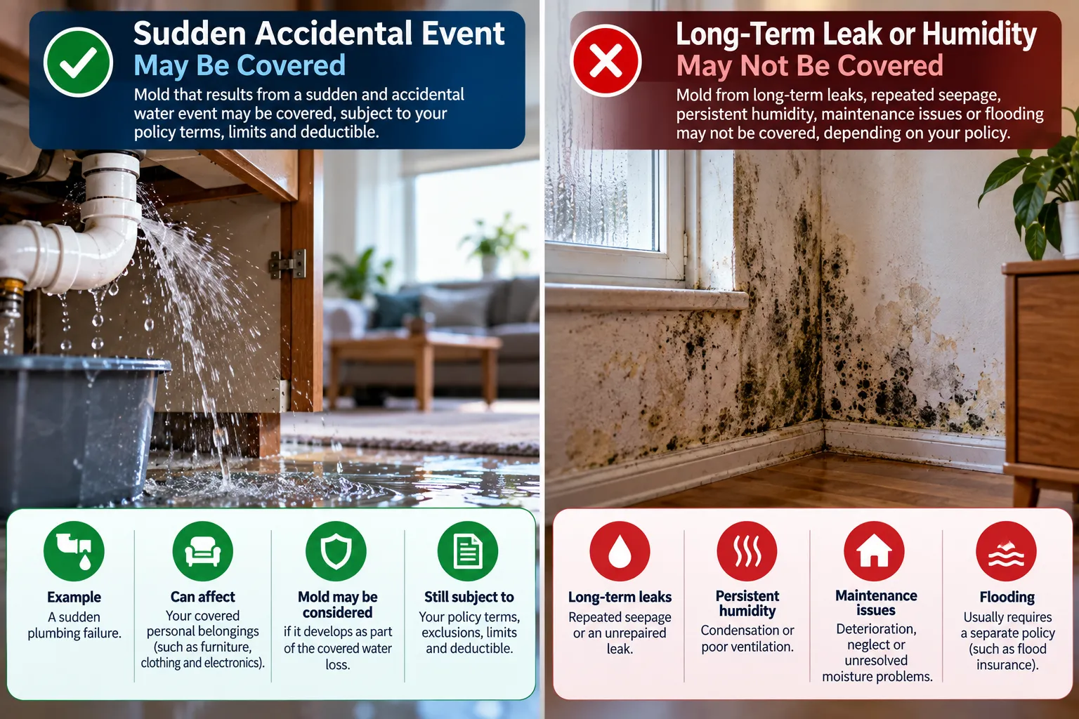 Comparison of sudden water damage and long-term moisture causes that can affect renters insurance mold coverage