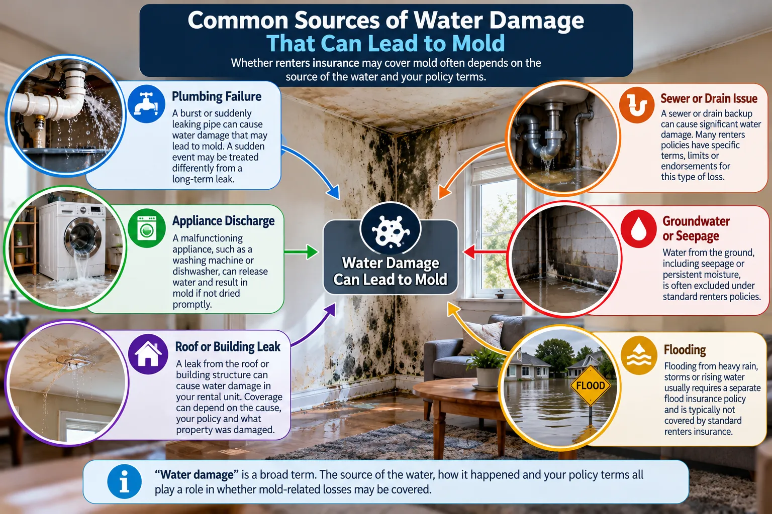 Common sources of water damage that can lead to mold including plumbing, appliances, roof leaks, drains, groundwater and flooding