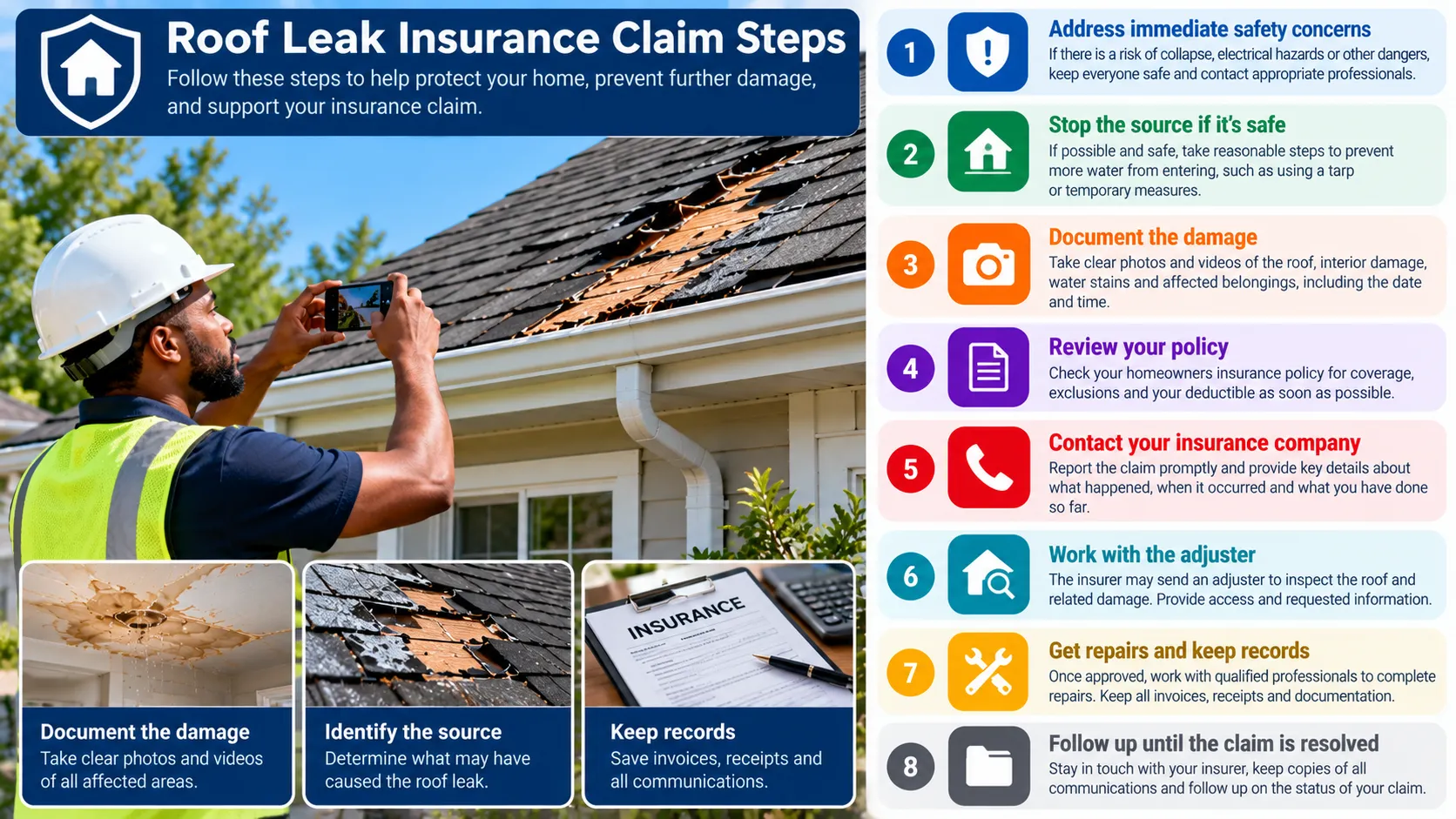 Safety-first roof leak claim steps showing documentation, temporary mitigation, insurer contact, records and qualified repair work