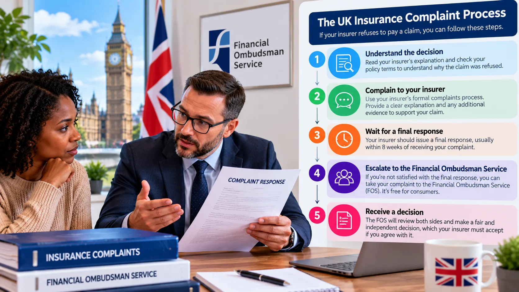 UK insurance complaint process from a declined claim through a formal insurer complaint, possible Financial Ombudsman referral, investigator assessment and final ombudsman decision
