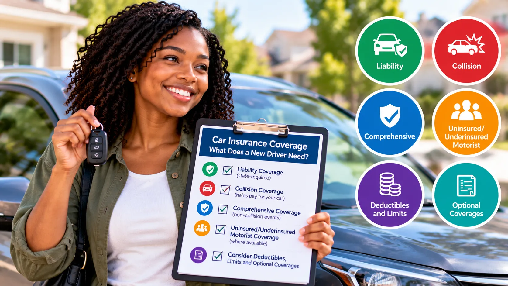 New driver reviewing car insurance coverage options, limits and deductibles beside a vehicle.