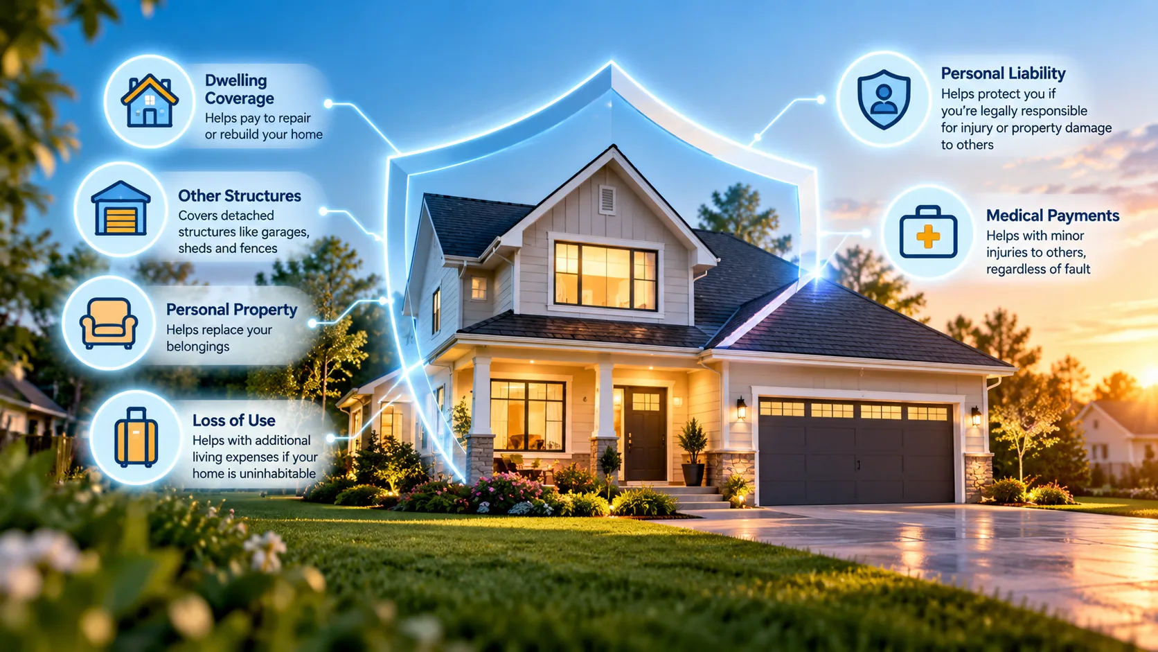 Home protected by a shield with illustrations of major homeowners insurance coverage categories.