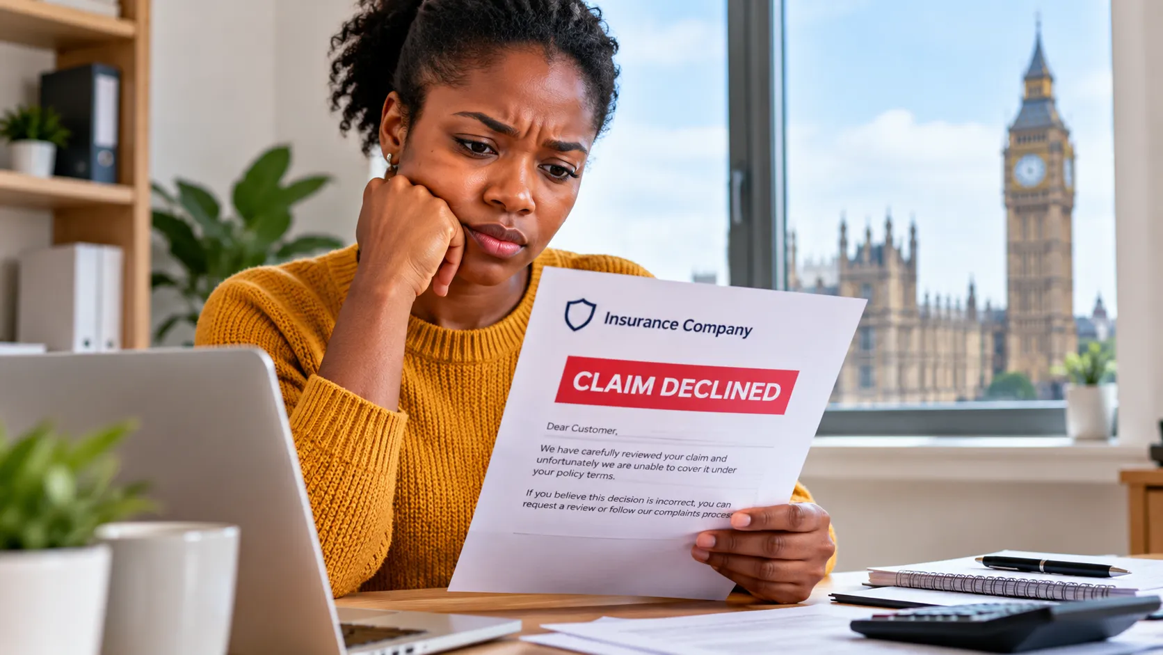 Policyholder reviewing an insurer's declined-claim letter and policy documents.