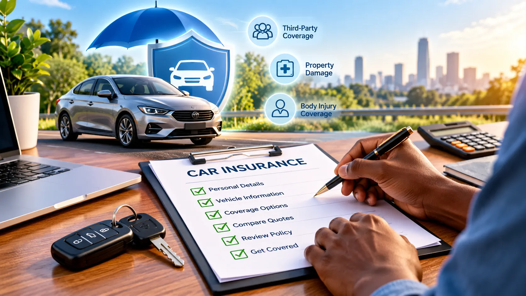 Car beside a liability insurance protection graphic showing bodily injury and property damage coverage.