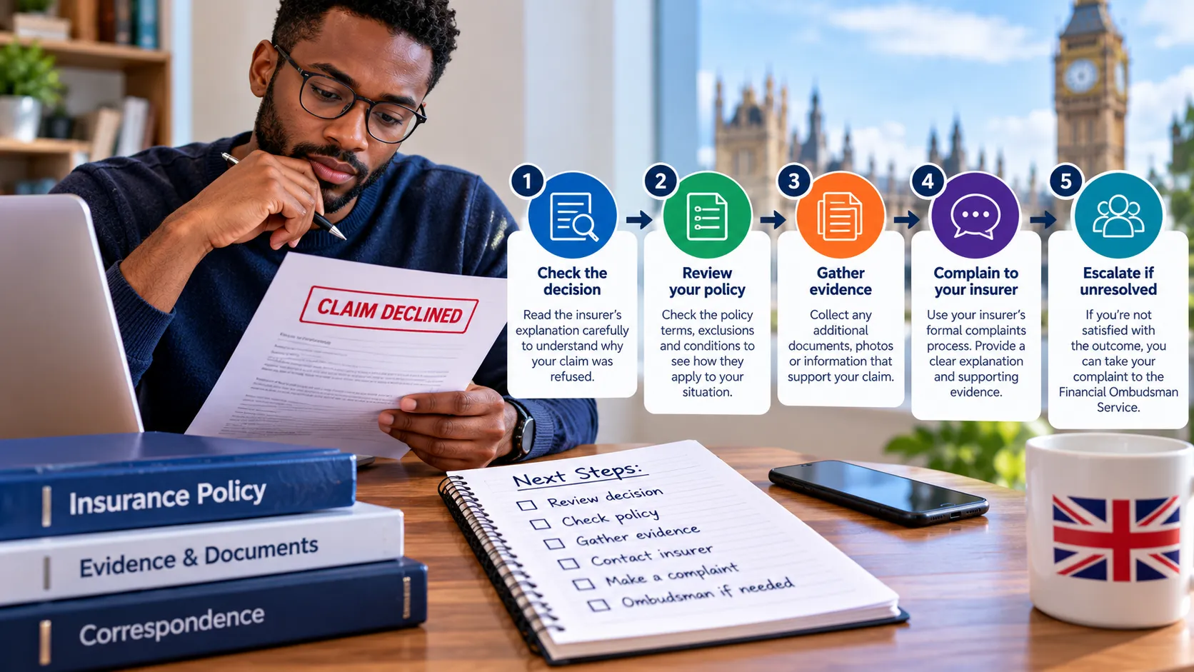 Five practical steps after an insurance claim is refused: understand the decision, check the policy, gather evidence, ask for reconsideration and use the complaints process where appropriate