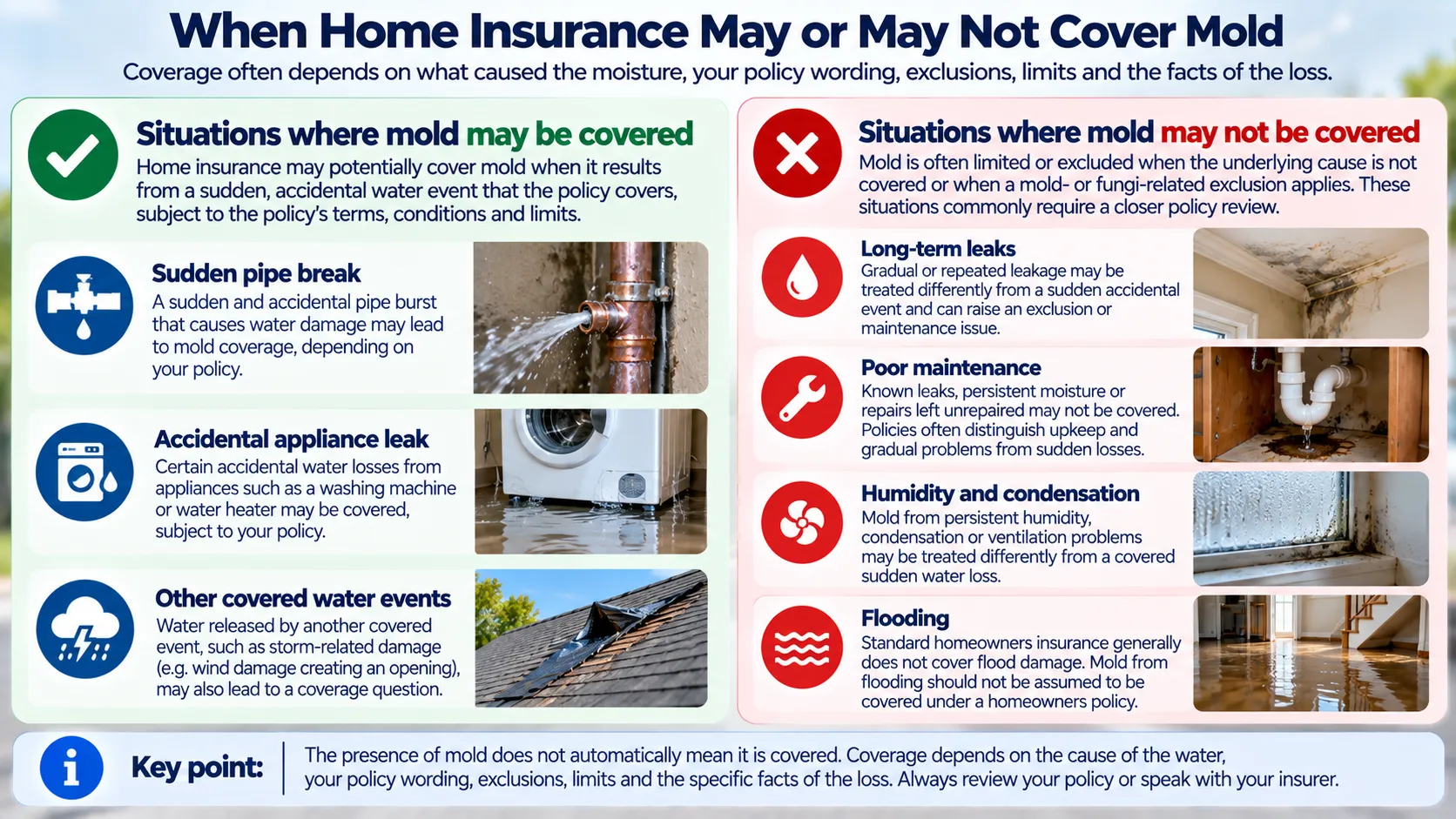 Infographic comparing circumstances in which homeowners insurance may cover mold with situations in which mold coverage may be limited or excluded.